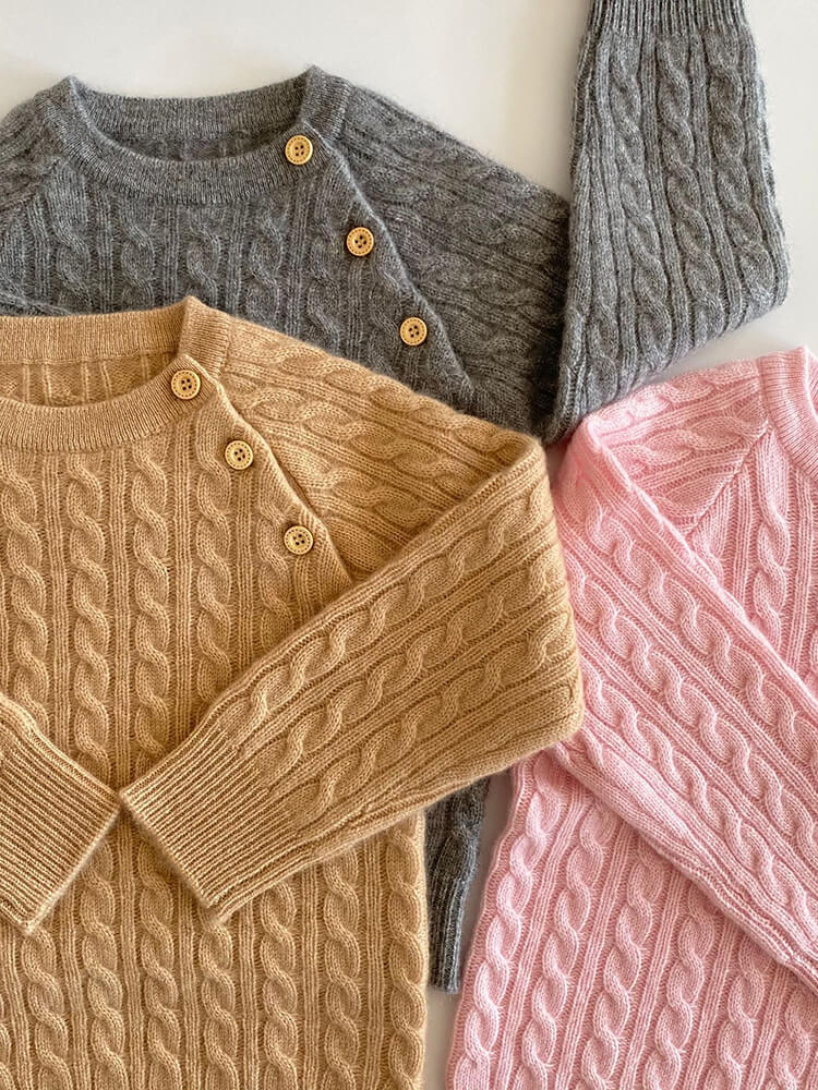 Kids Cable Knit Cashmere Sweater with Shoulder Buttons